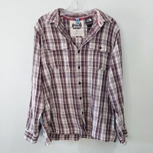 The North Face Men's plaid button-up shirt Large brown beige collar Long Sleeve